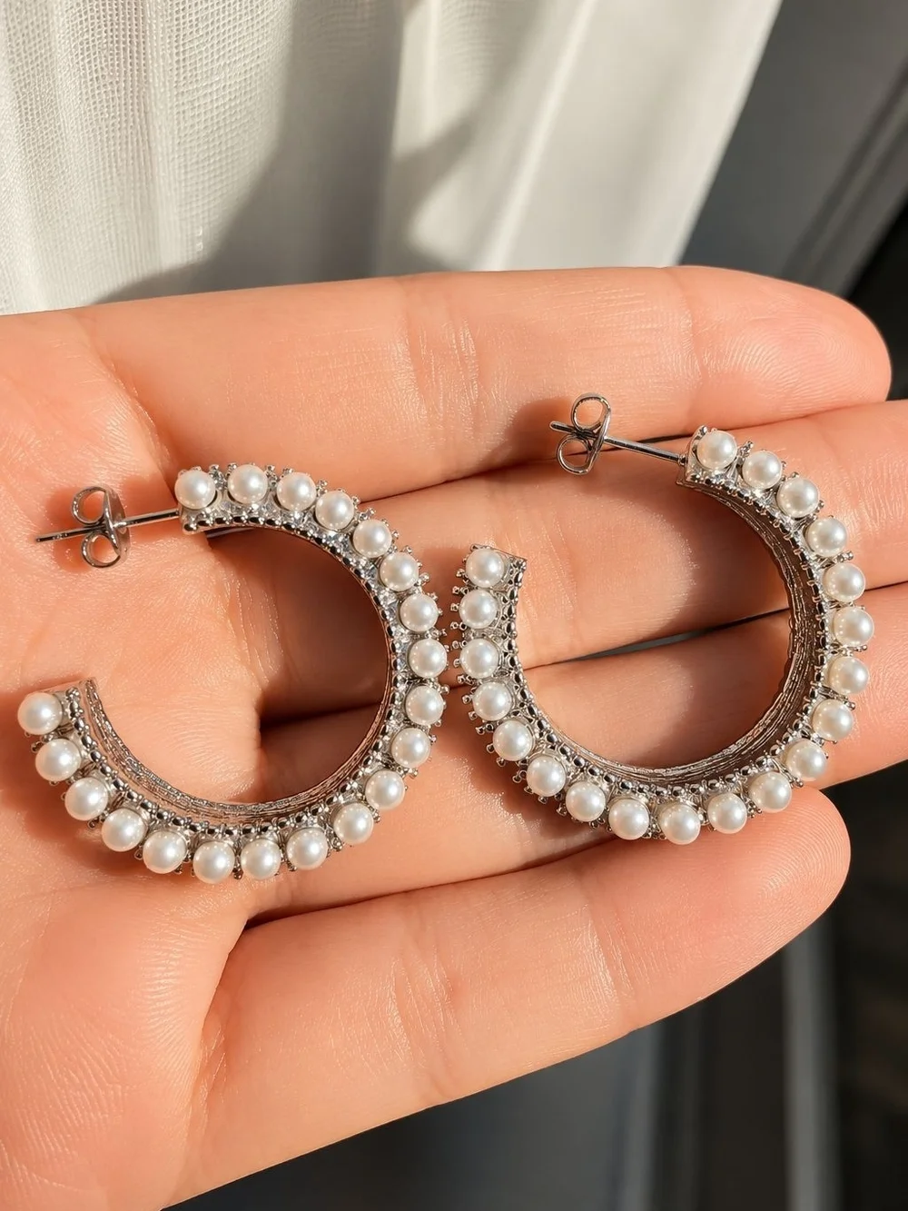 Silver Hoop Earrings with White Pearls
